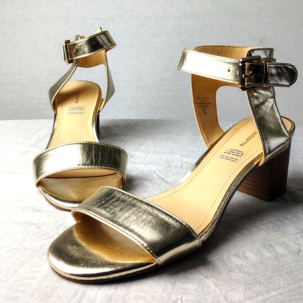 Liz Claiborne Gold Metallic Ankle Buckle Strappy Block Heels Sandals Eclipse 9
